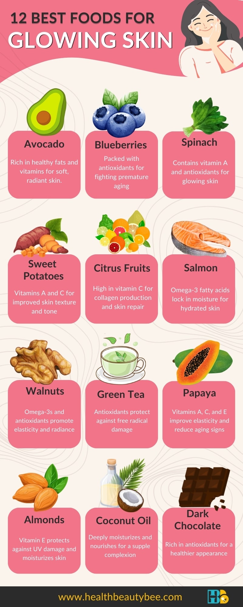 Best Foods for Bright and Glowing Skin infographic healthbeautybee