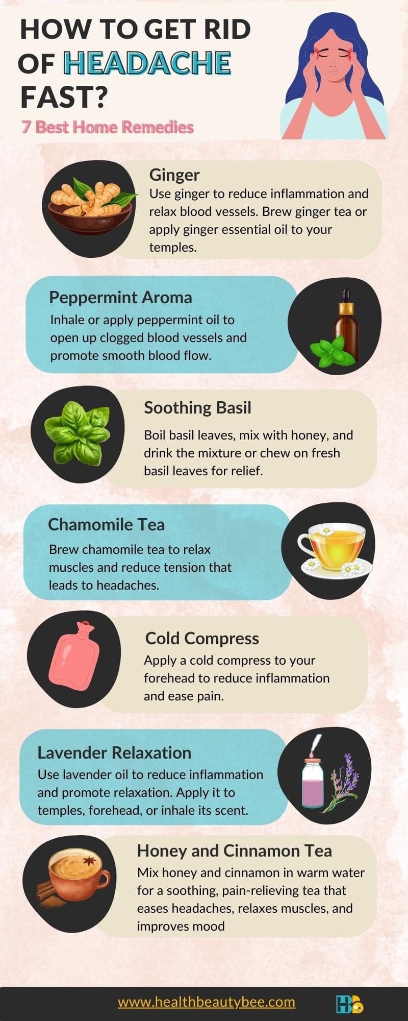 How to Get Rid of Headache with Home Remedies infographic healthbeautybee