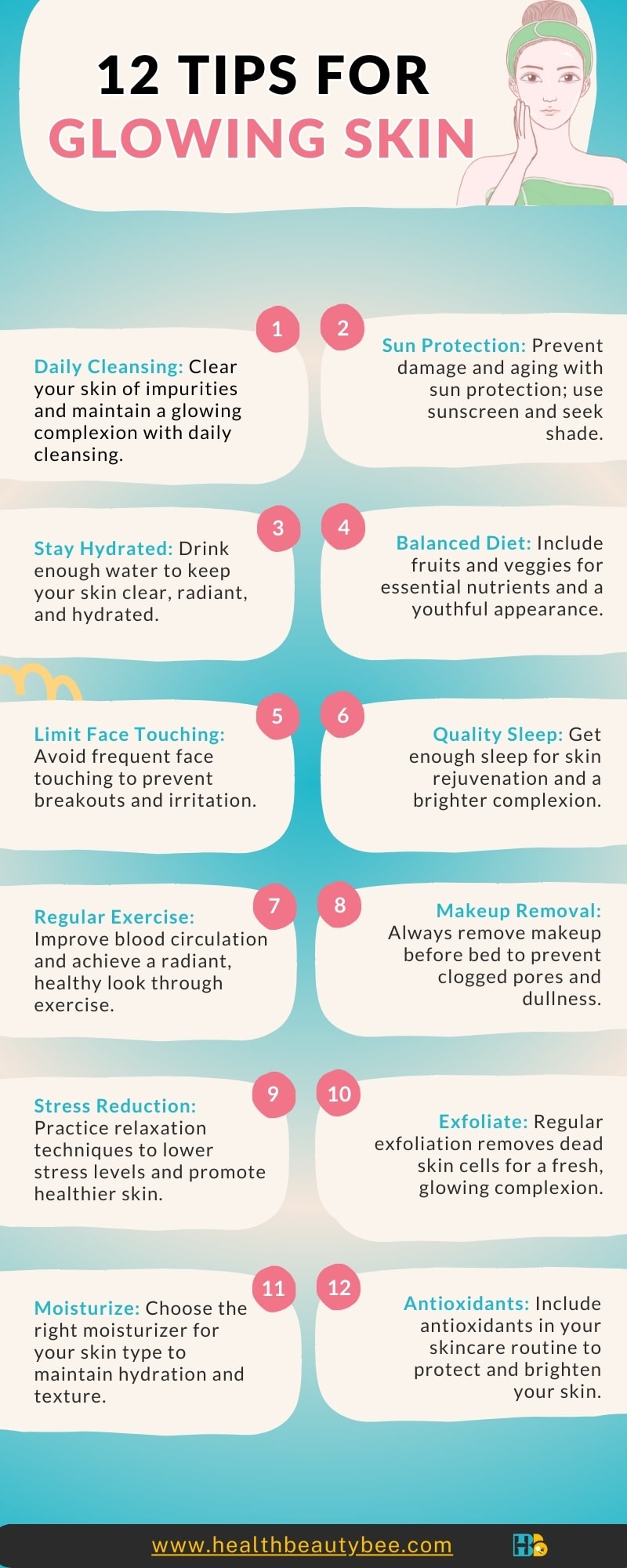 Top 12 Tips and Habits for Healthy Glowing Skin infographic healthbeautybee
